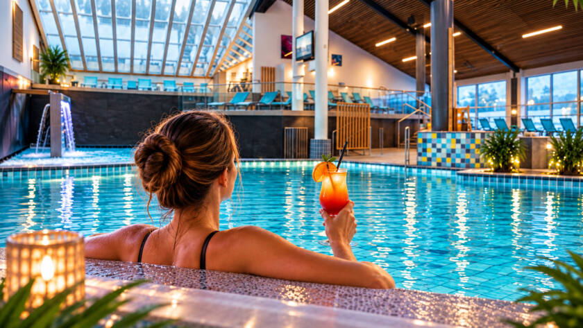 Frau im Becken mit Cocktail